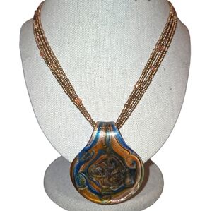 Unmarked Blue & Brown Swirled Glass Pendant On Brown Triple Seed Bead Necklace